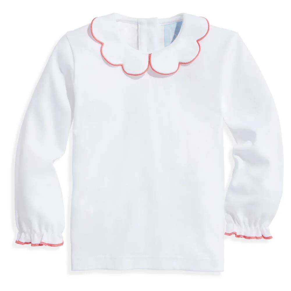 Long Sleeve Pima Scallop Collar Tee -- White w/ Coral