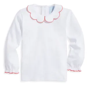 Long Sleeve Pima Scallop Collar Tee -- White w/ Coral