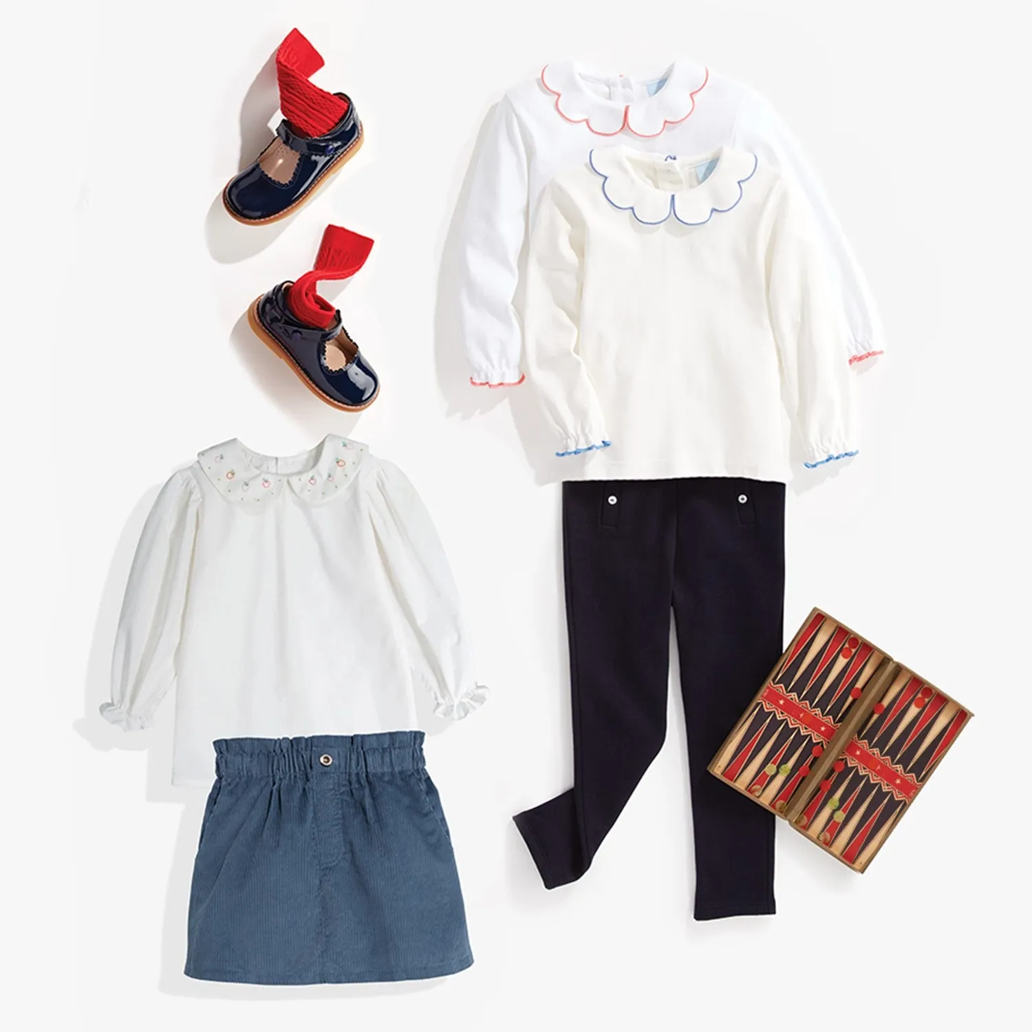 Long Sleeve Pima Scallop Collar Tee -- White w/ Coral
