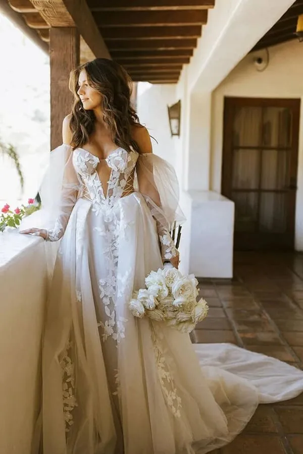 Long Sleeves Off Shoulder Bohemian Wedding Dress With Lace Appliques, MW825