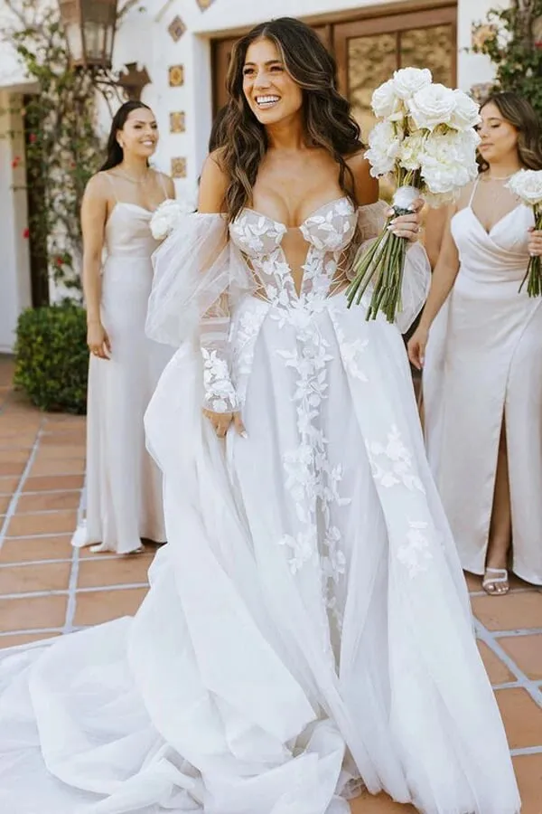 Long Sleeves Off Shoulder Bohemian Wedding Dress With Lace Appliques, MW825