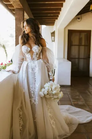 Long Sleeves Off Shoulder Bohemian Wedding Dress With Lace Appliques, MW825