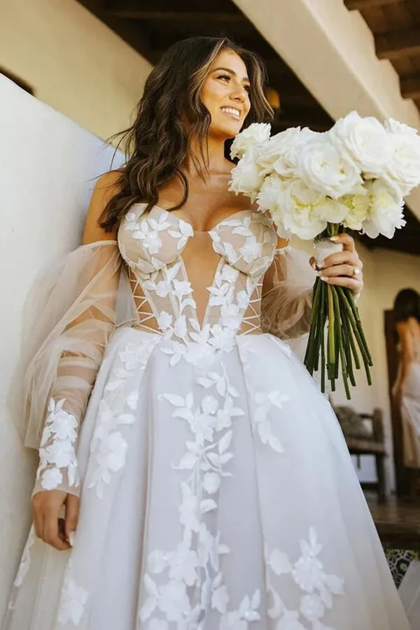 Long Sleeves Off Shoulder Bohemian Wedding Dress With Lace Appliques, MW825