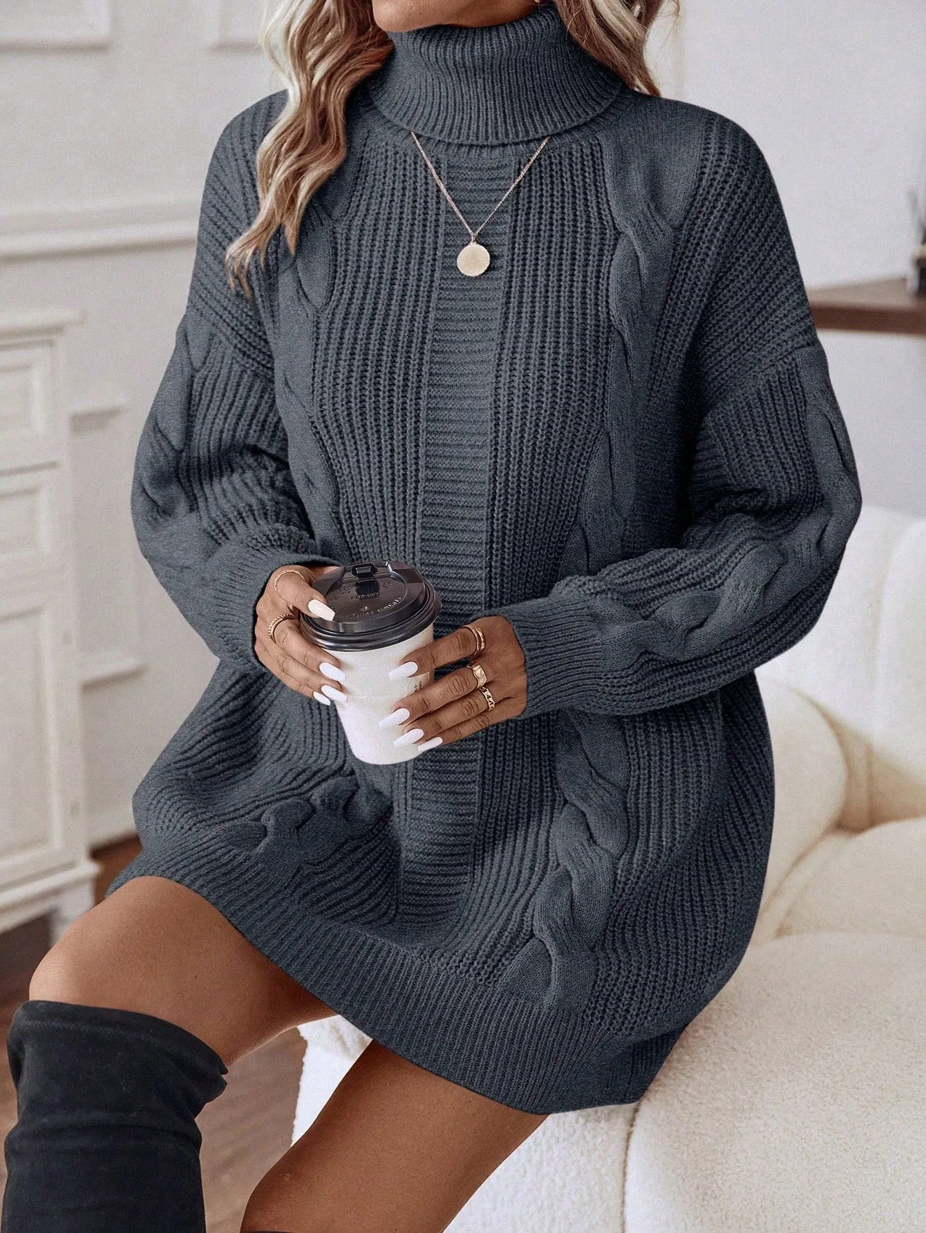 LUNE Turtleneck Cable Knit Drop Shoulder Sweater Dress