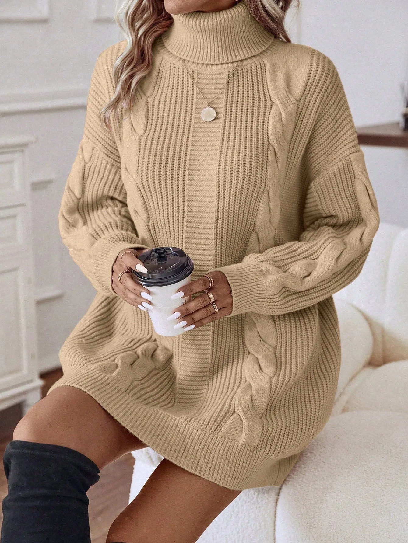 LUNE Turtleneck Cable Knit Drop Shoulder Sweater Dress