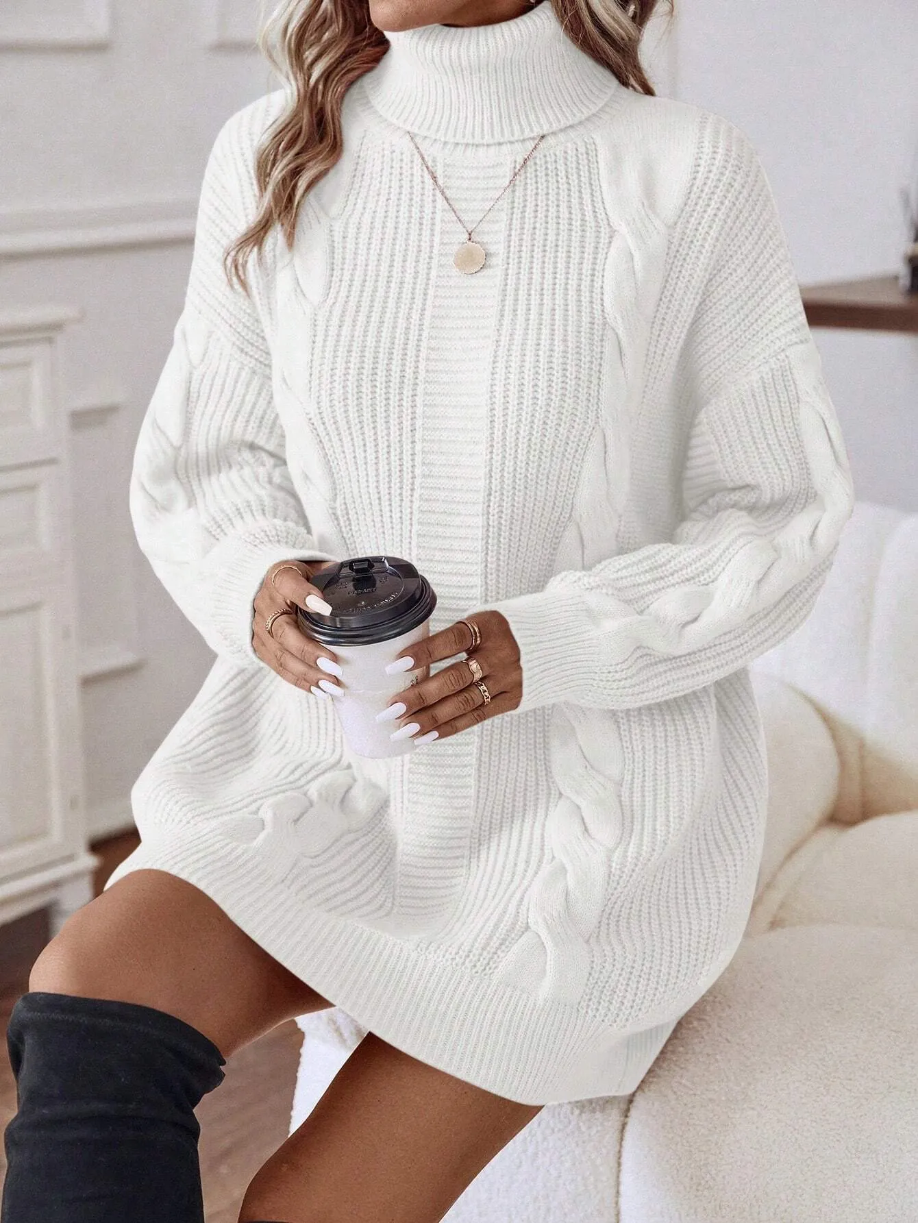 LUNE Turtleneck Cable Knit Drop Shoulder Sweater Dress