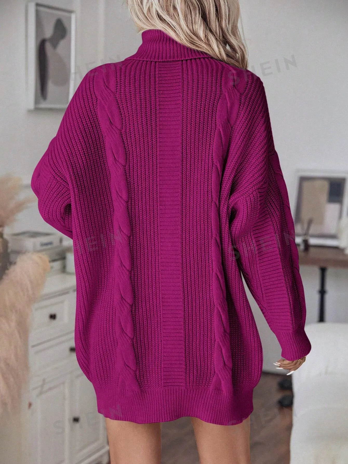 LUNE Turtleneck Cable Knit Drop Shoulder Sweater Dress