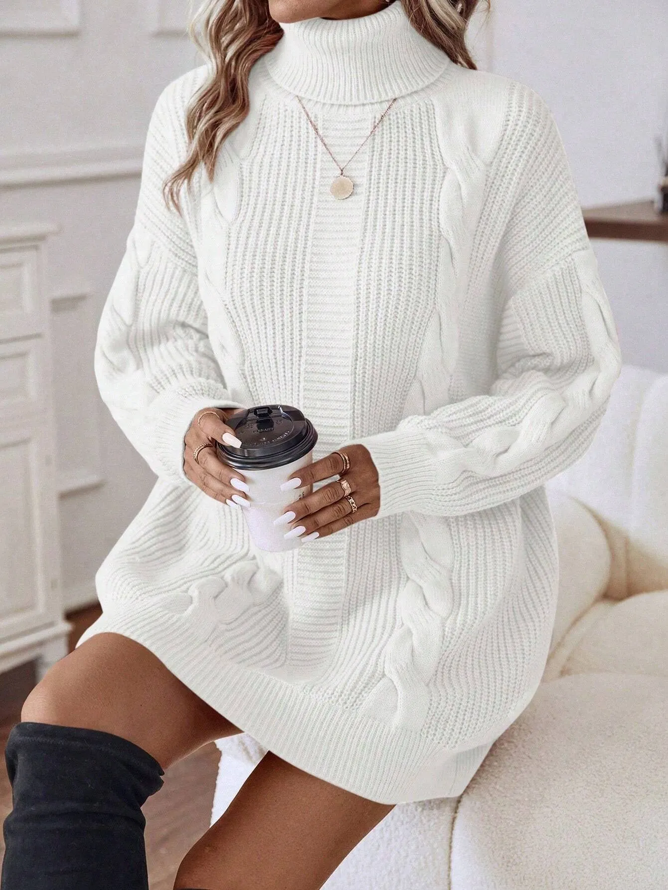 LUNE Turtleneck Cable Knit Drop Shoulder Sweater Dress