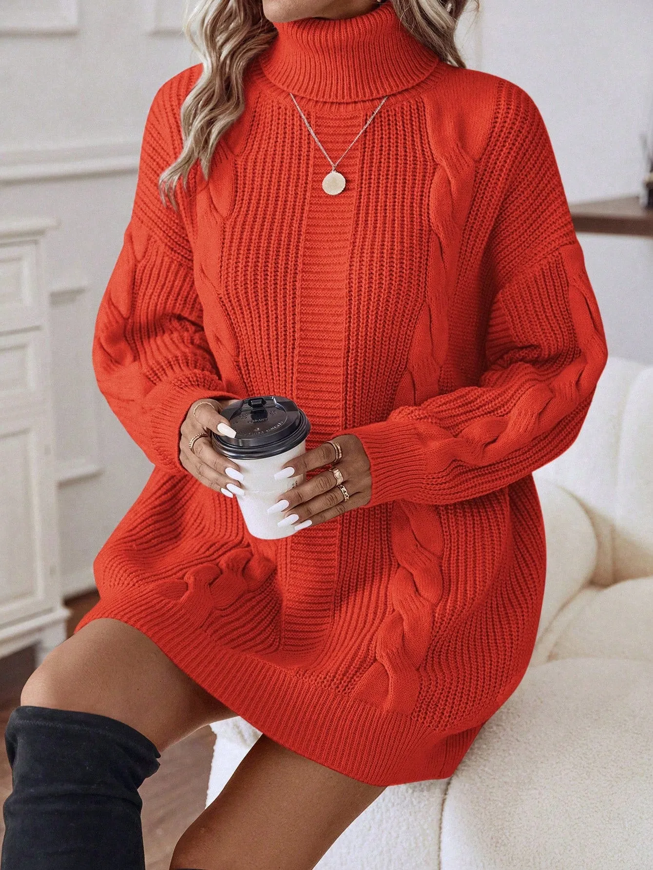 LUNE Turtleneck Cable Knit Drop Shoulder Sweater Dress
