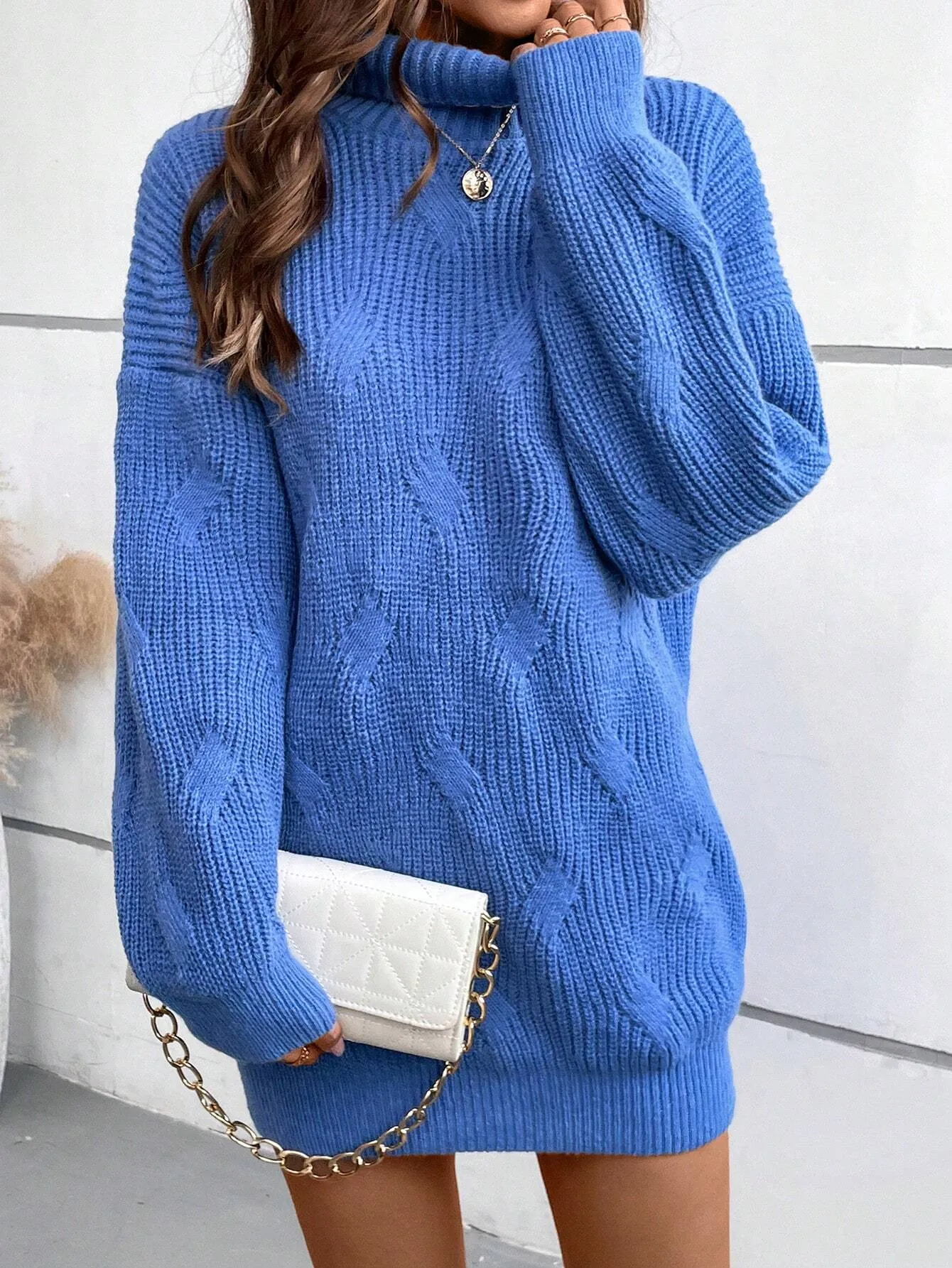 LUNE Turtleneck Cable Knit Drop Shoulder Sweater Dress