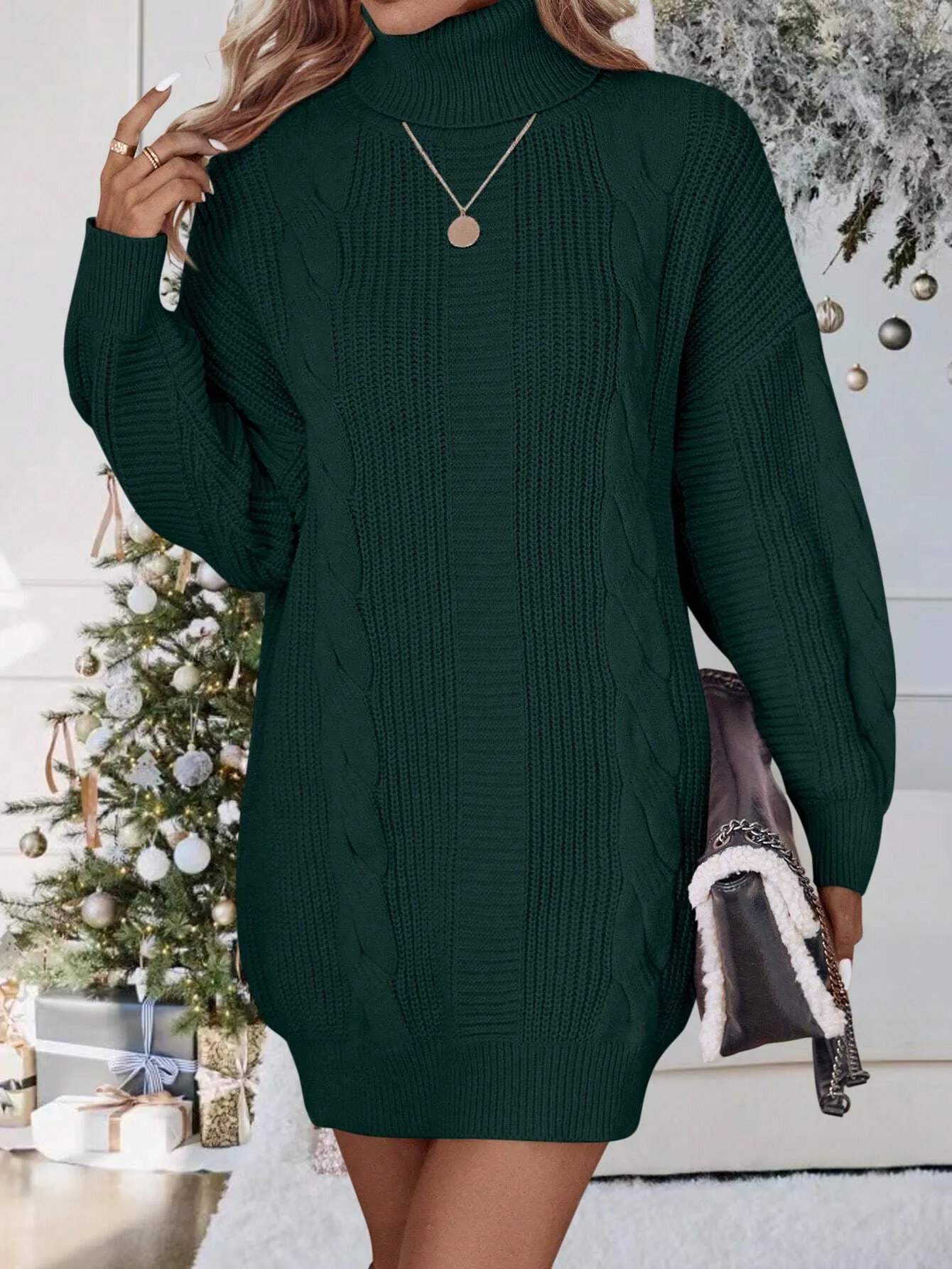 LUNE Turtleneck Cable Knit Drop Shoulder Sweater Dress