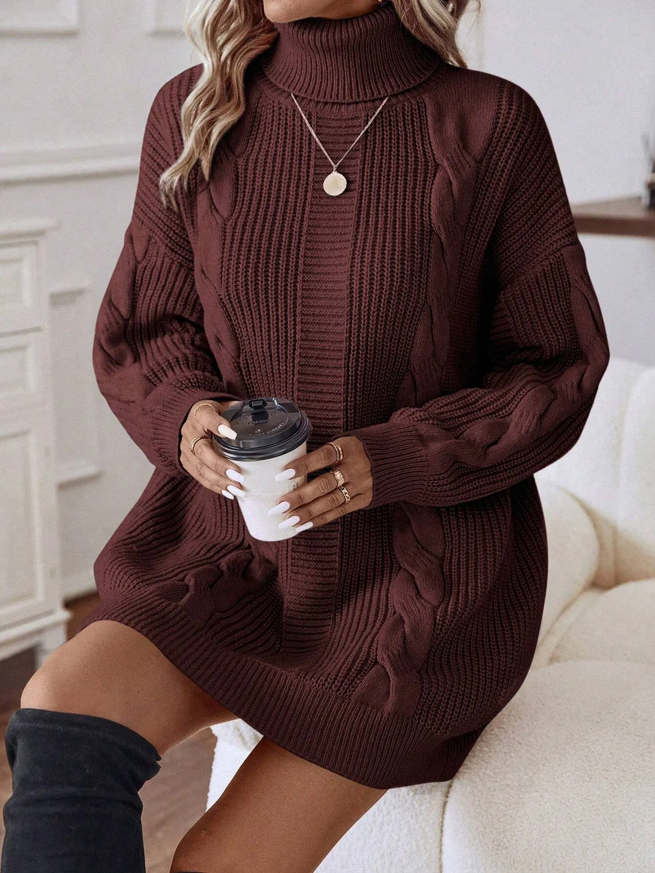 LUNE Turtleneck Cable Knit Drop Shoulder Sweater Dress