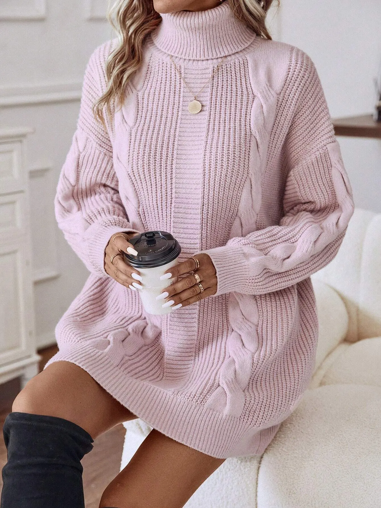 LUNE Turtleneck Cable Knit Drop Shoulder Sweater Dress