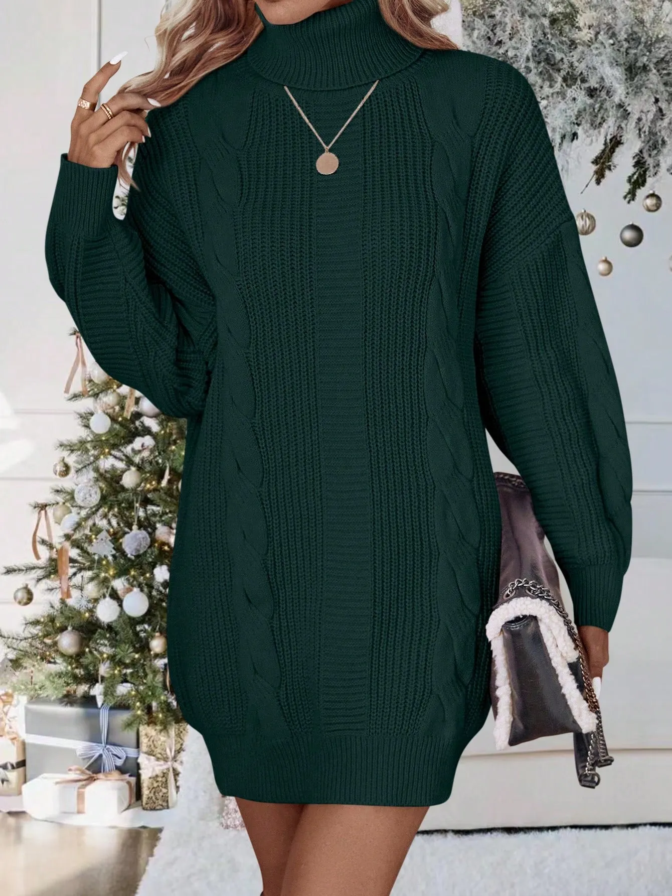 LUNE Turtleneck Cable Knit Drop Shoulder Sweater Dress