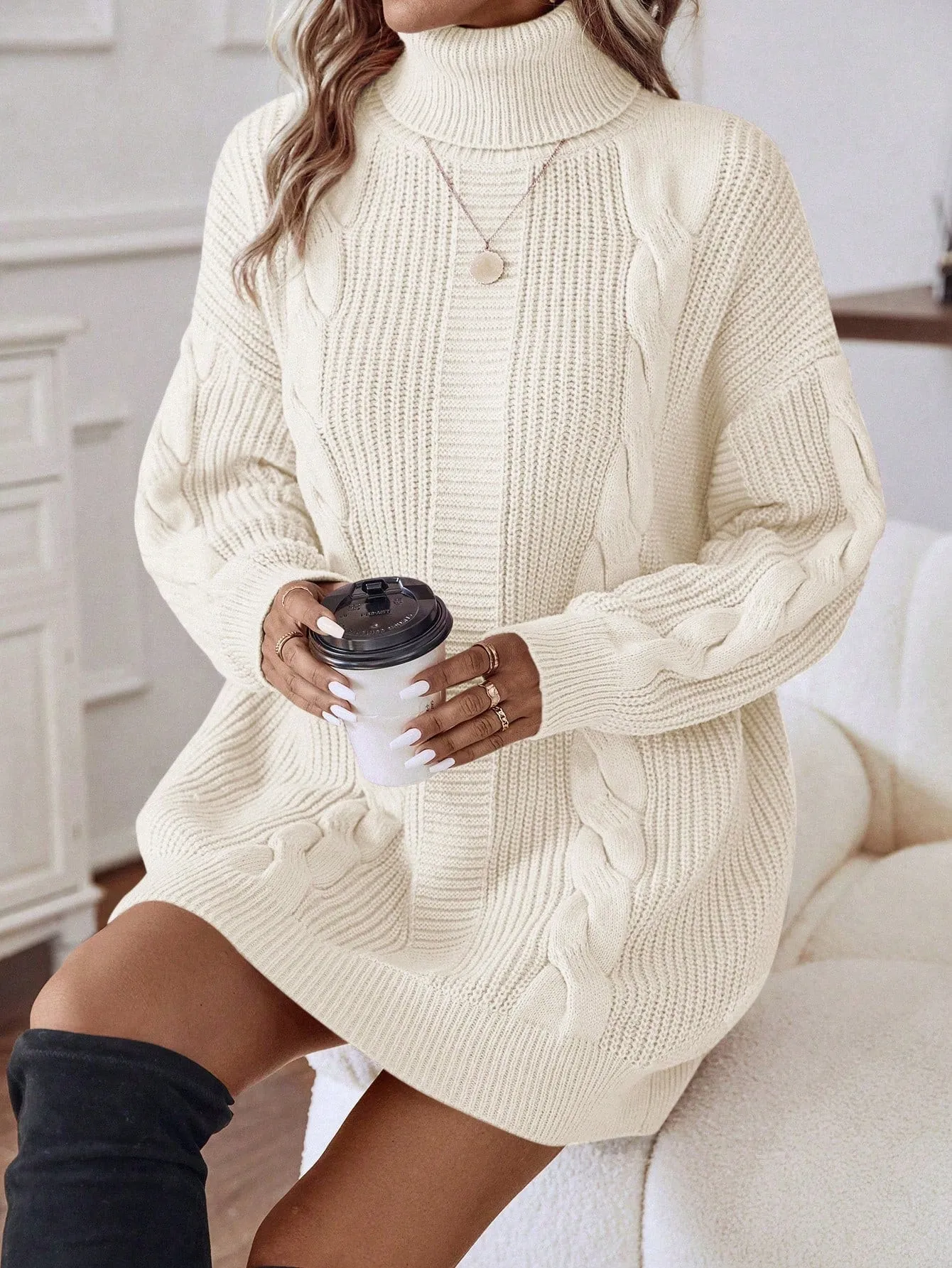 LUNE Turtleneck Cable Knit Drop Shoulder Sweater Dress