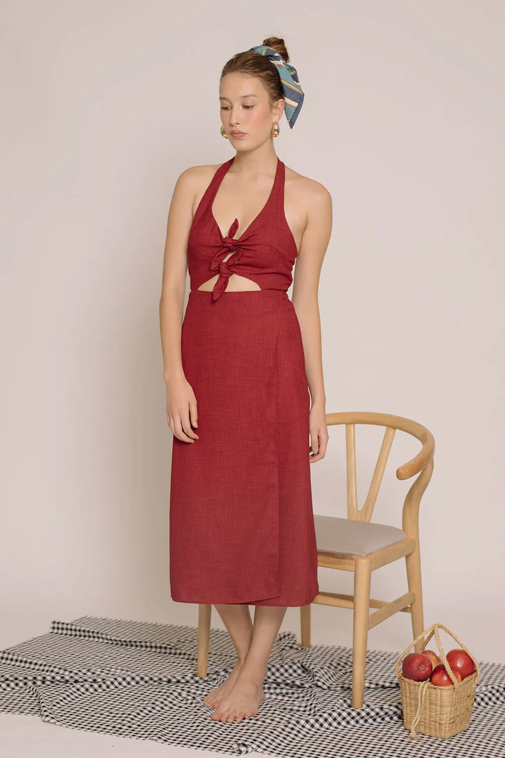 MALTA Double Bow Halter Midi Dress (Maroon Crepe)
