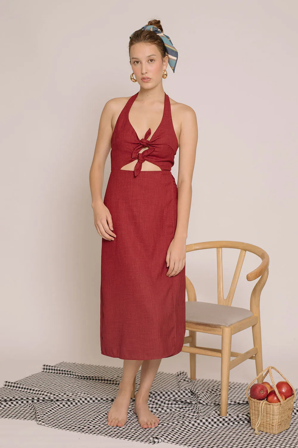 MALTA Double Bow Halter Midi Dress (Maroon Crepe)