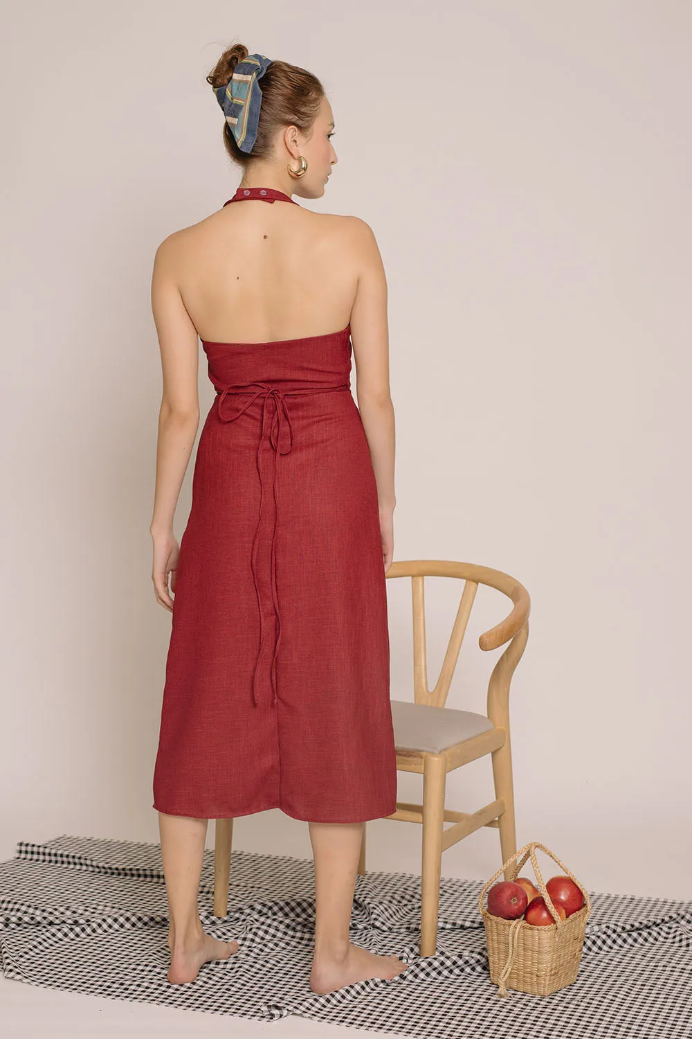 MALTA Double Bow Halter Midi Dress (Maroon Crepe)