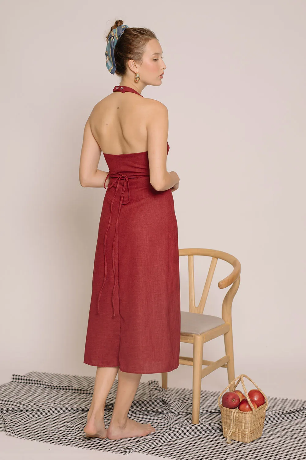 MALTA Double Bow Halter Midi Dress (Maroon Crepe)
