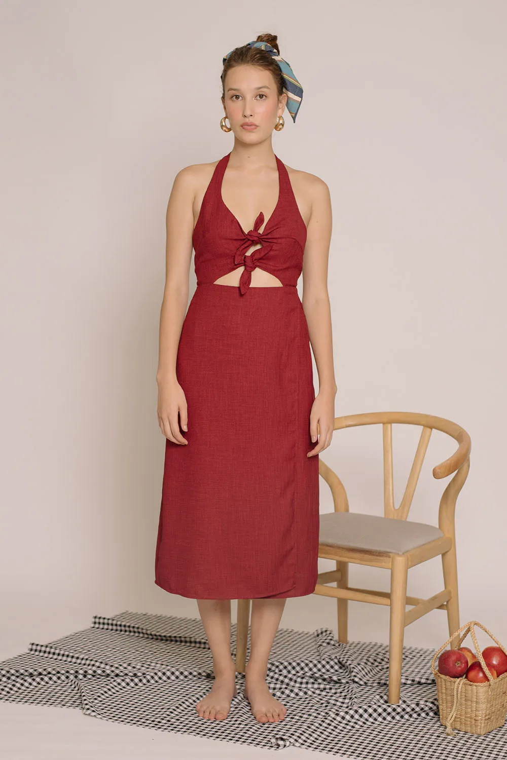 MALTA Double Bow Halter Midi Dress (Maroon Crepe)