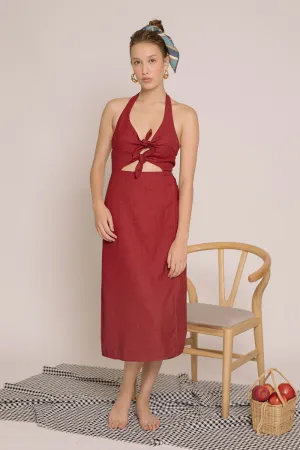 MALTA Double Bow Halter Midi Dress (Maroon Crepe)