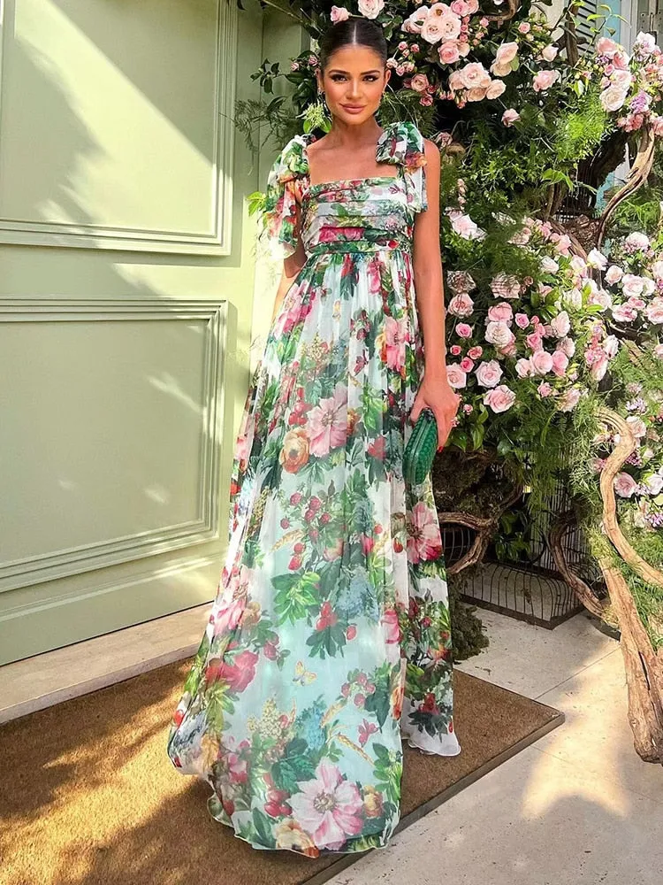 Marisol Maxi  Chiffon Bow-knot shoulder Bohemian Floral print Holiday Elegant Long Dress