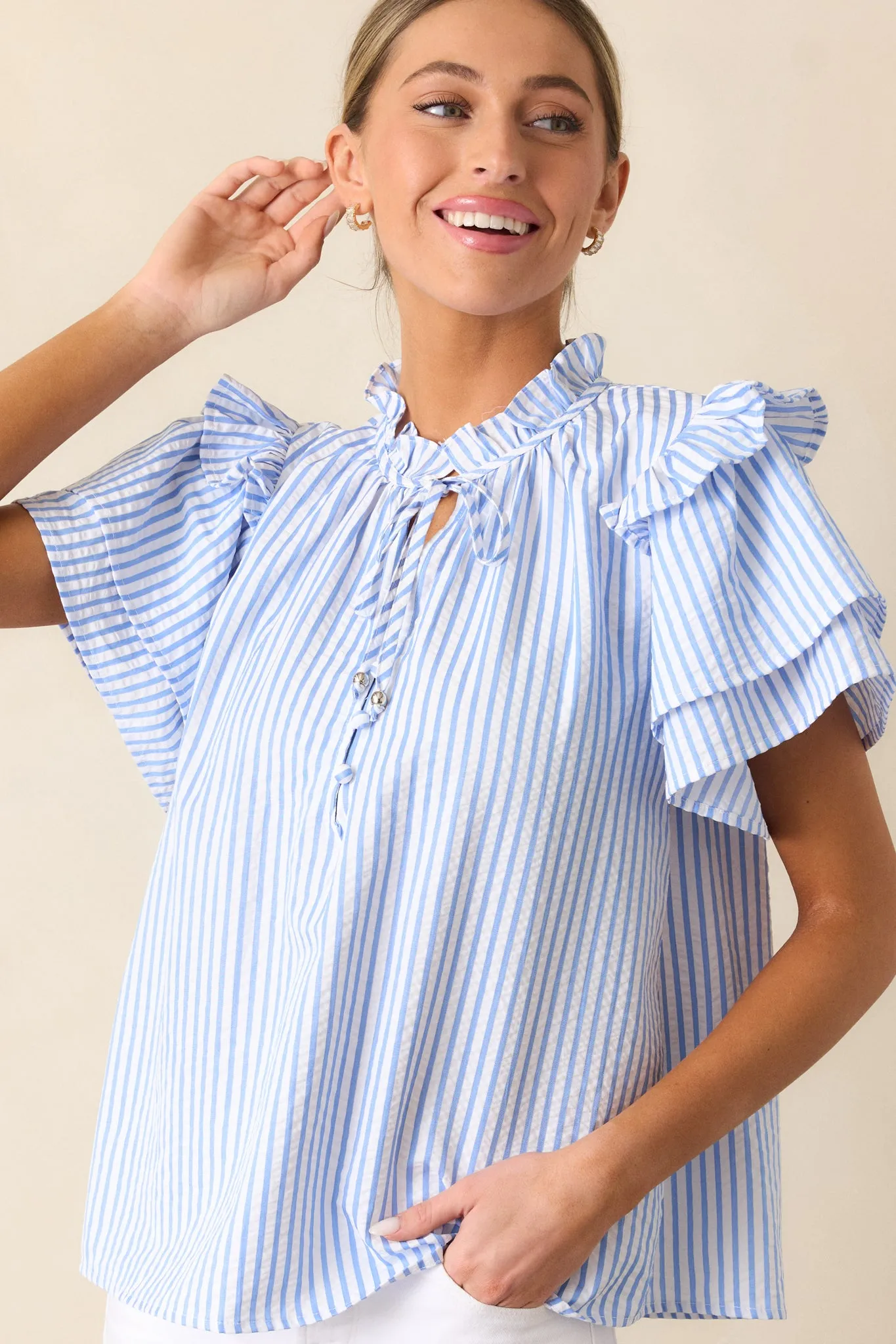 Meet Me for Lunch Blue Stripe Ruffle Sleeve Blouse