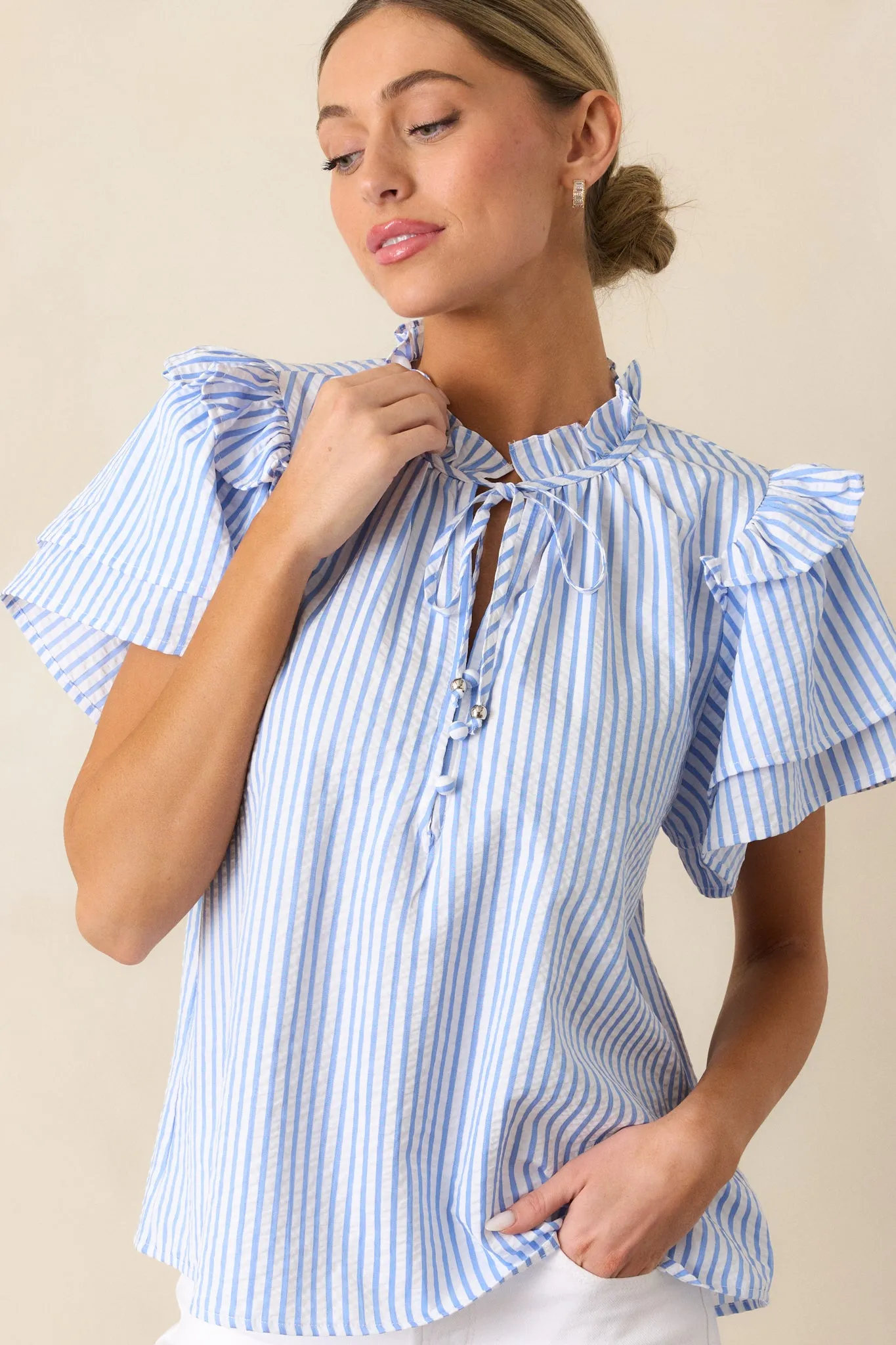 Meet Me for Lunch Blue Stripe Ruffle Sleeve Blouse