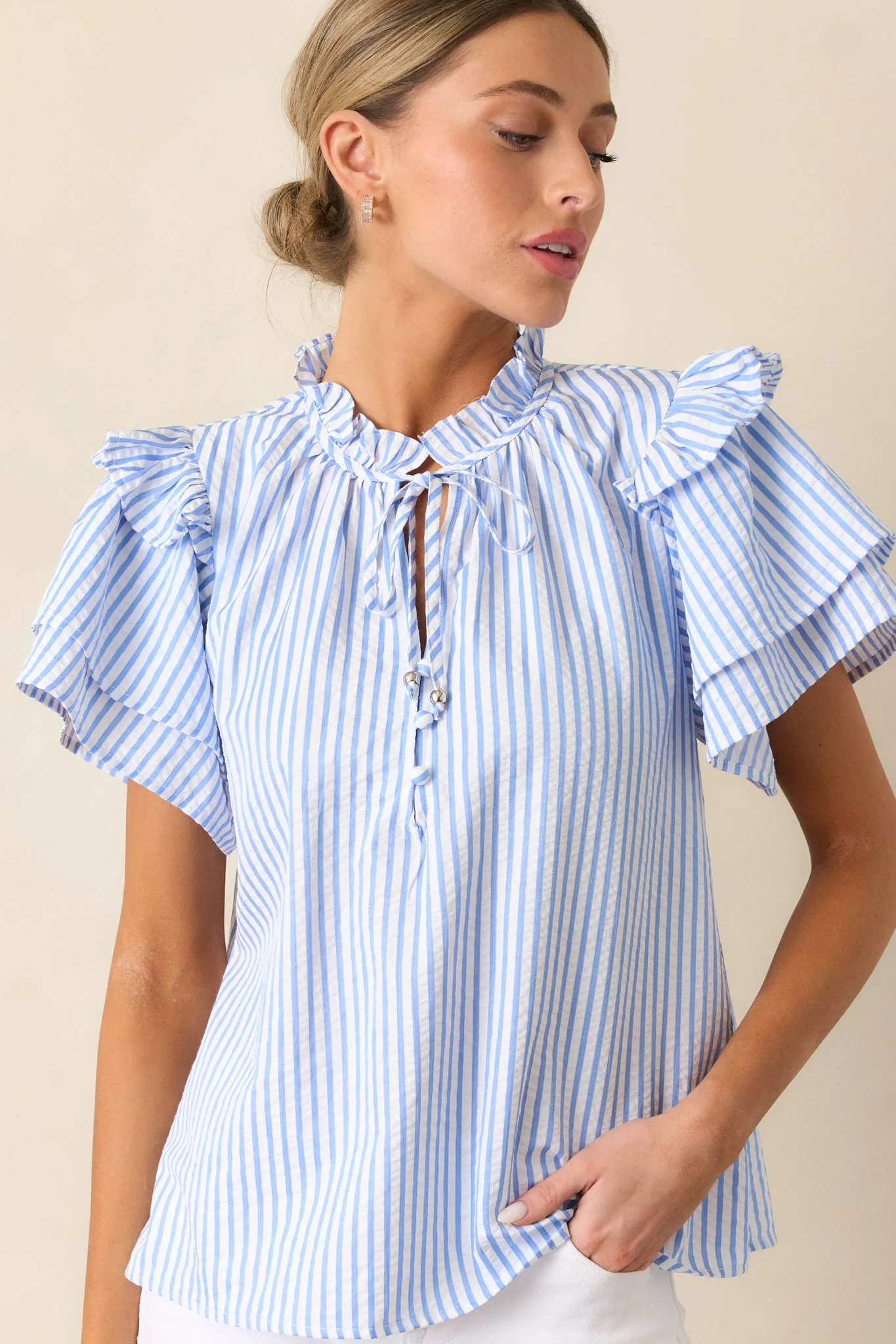 Meet Me for Lunch Blue Stripe Ruffle Sleeve Blouse