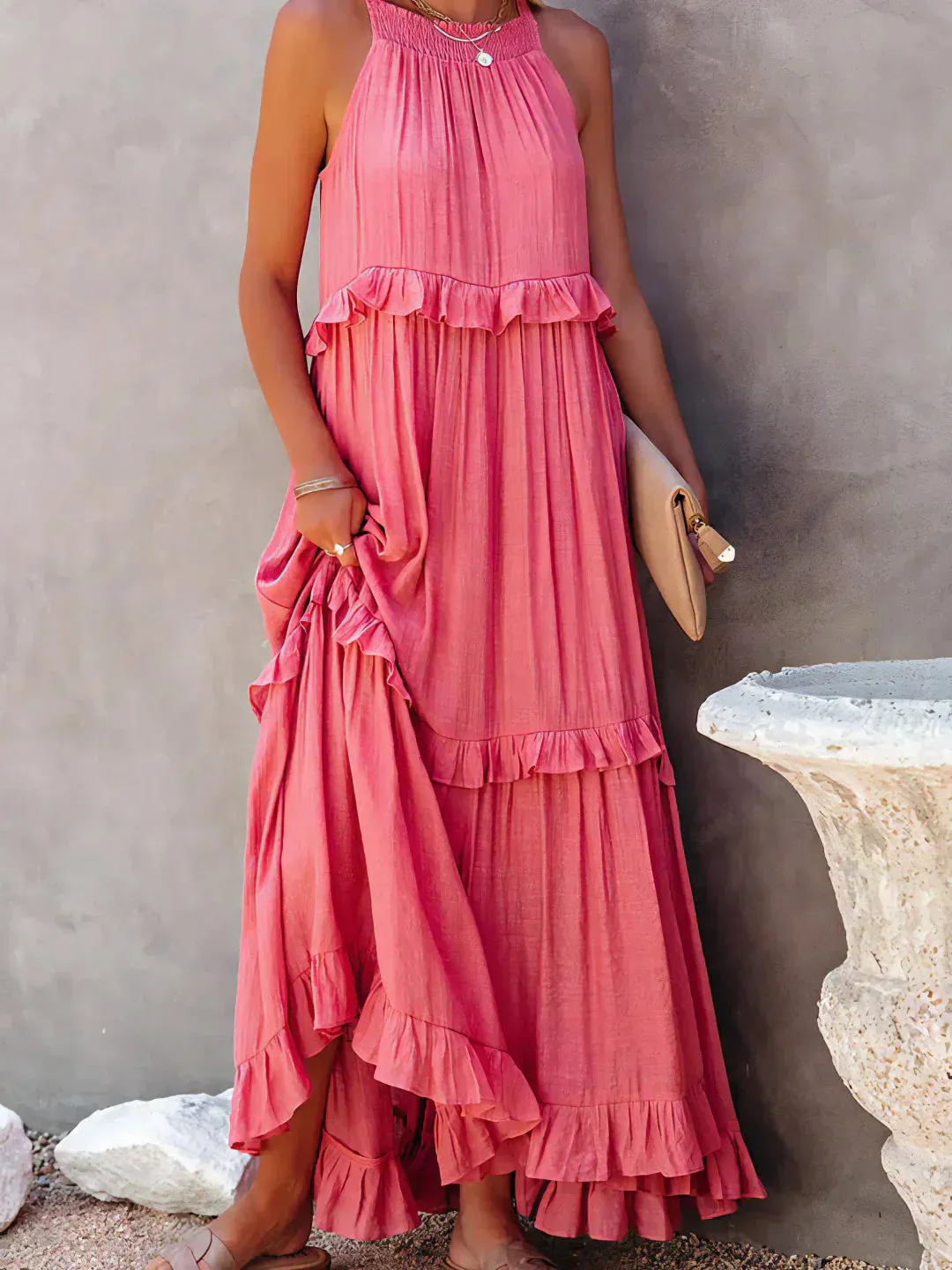 Melly™ - Sunshine Breeze Halter Ruffle Maxi Dress