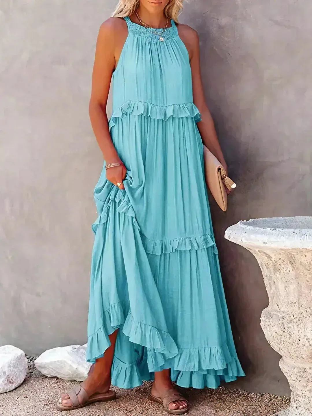 Melly™ - Sunshine Breeze Halter Ruffle Maxi Dress