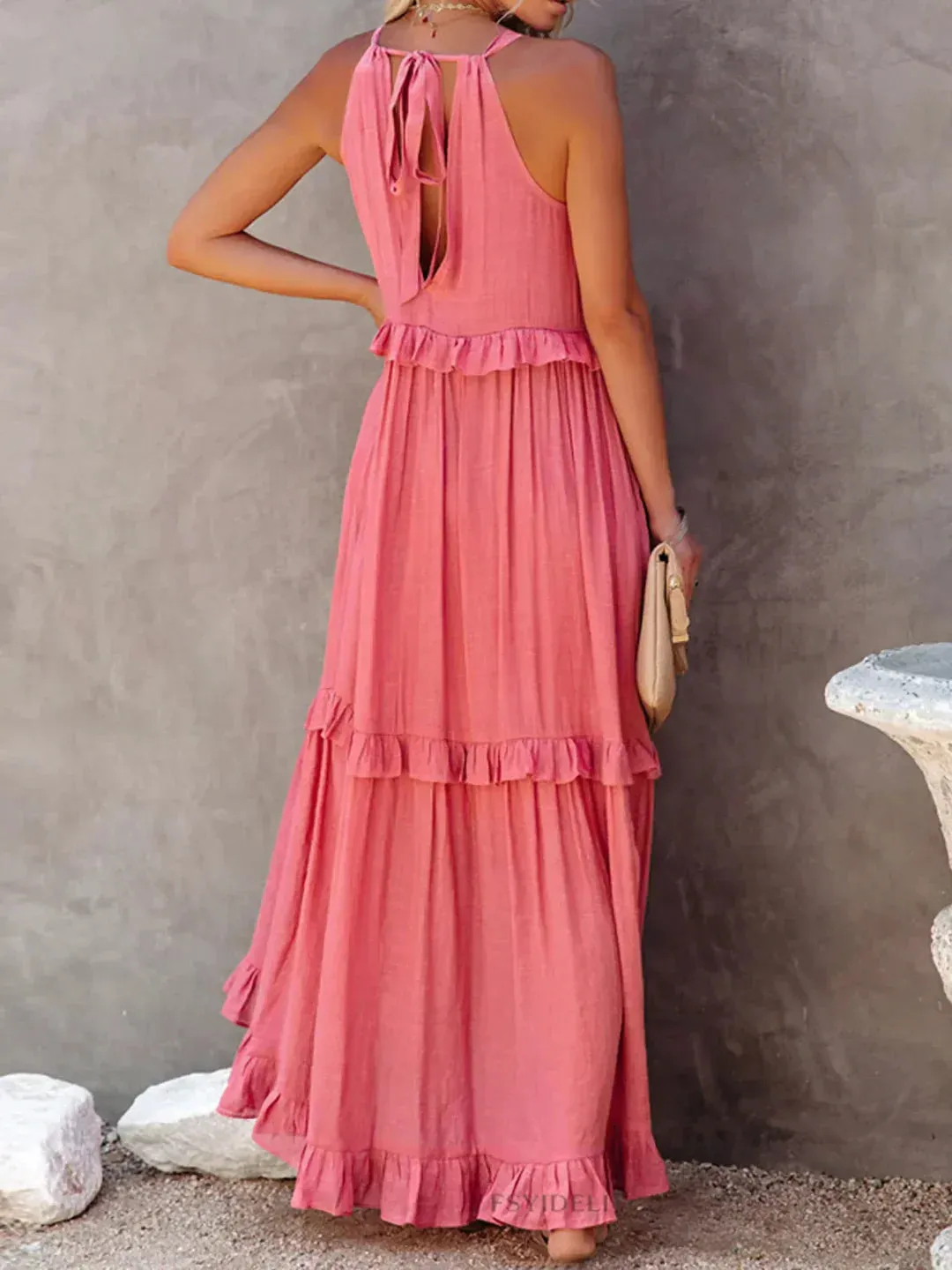 Melly™ - Sunshine Breeze Halter Ruffle Maxi Dress