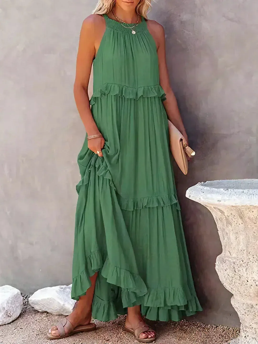 Melly™ - Sunshine Breeze Halter Ruffle Maxi Dress