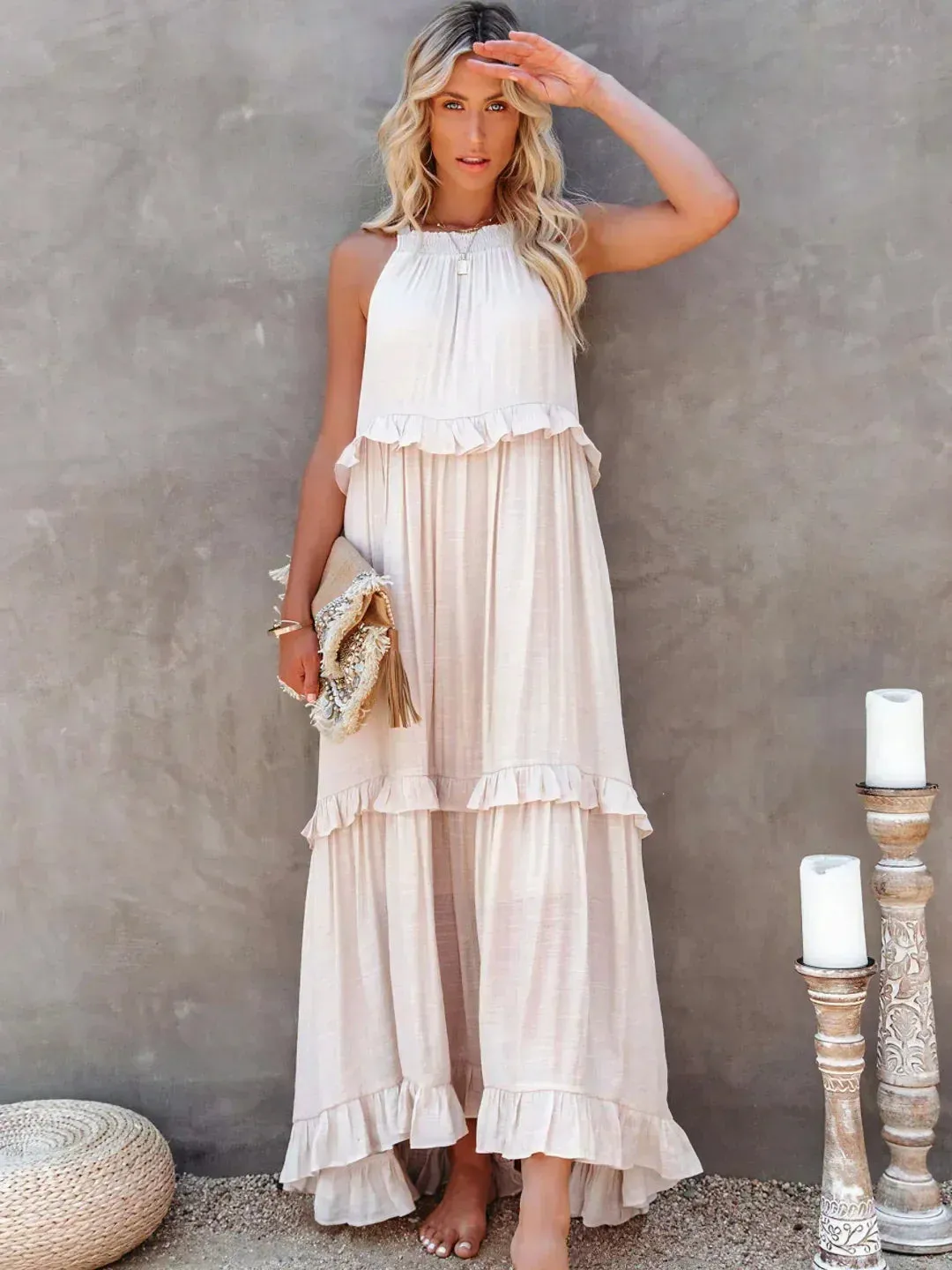 Melly™ - Sunshine Breeze Halter Ruffle Maxi Dress