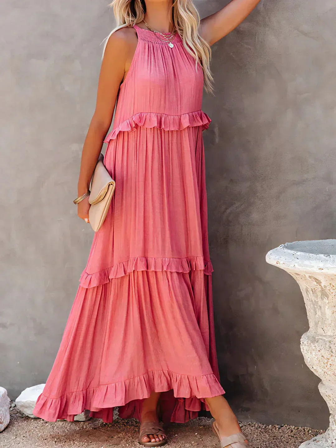 Melly™ - Sunshine Breeze Halter Ruffle Maxi Dress