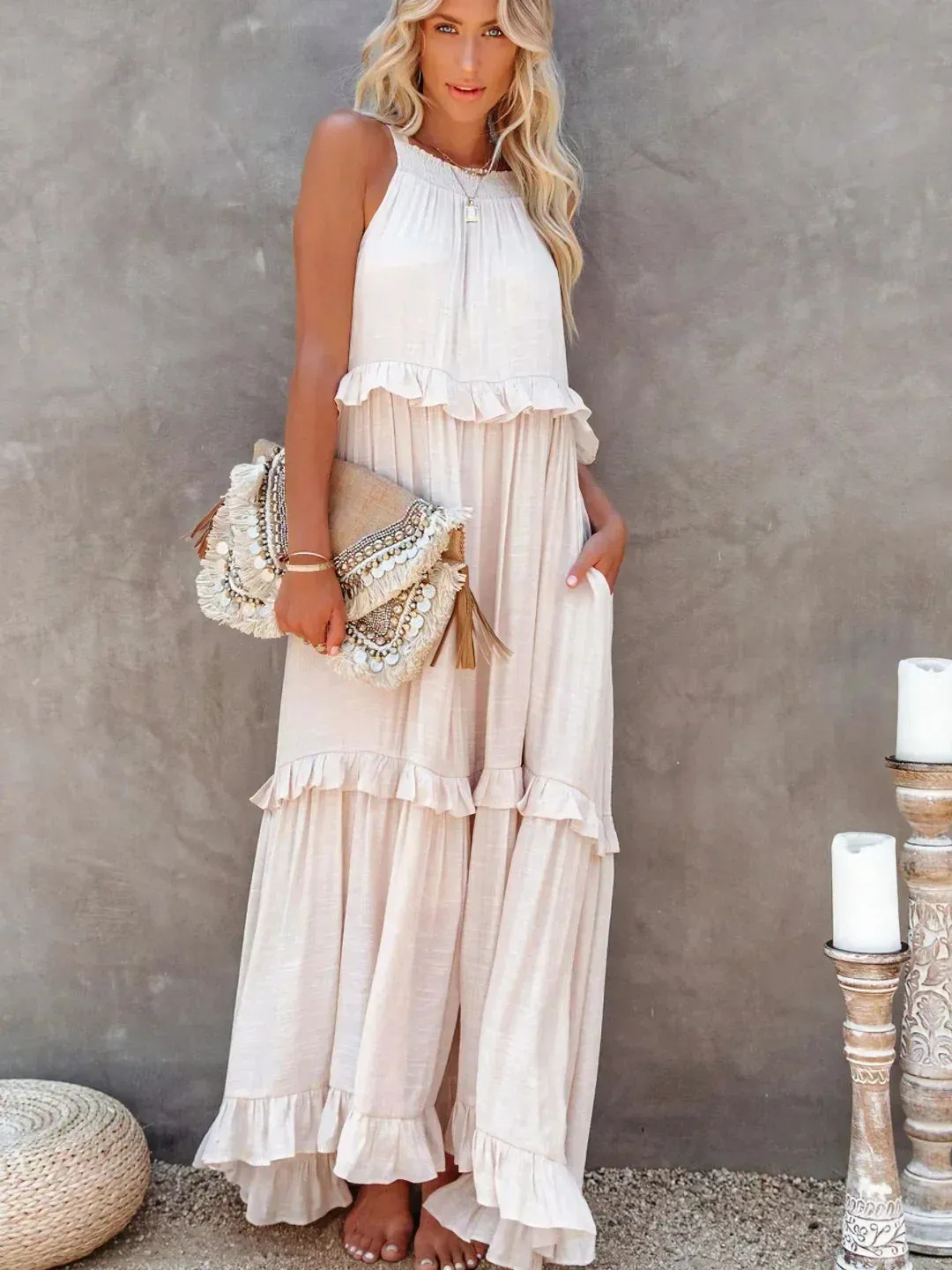 Melly™ - Sunshine Breeze Halter Ruffle Maxi Dress