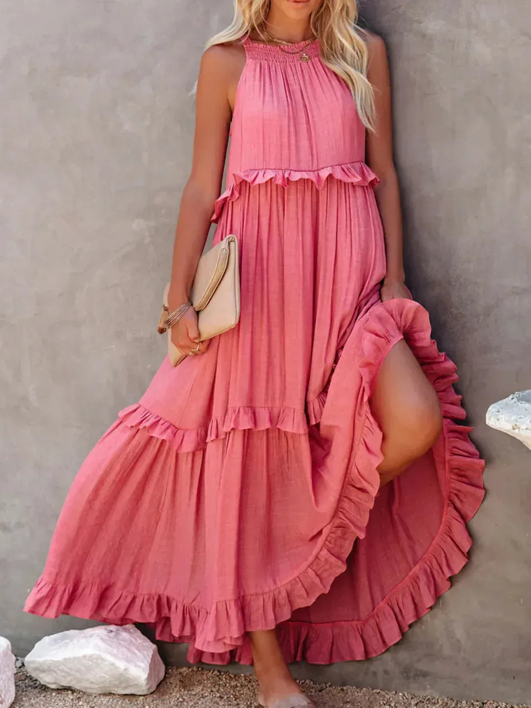 Melly™ - Sunshine Breeze Halter Ruffle Maxi Dress