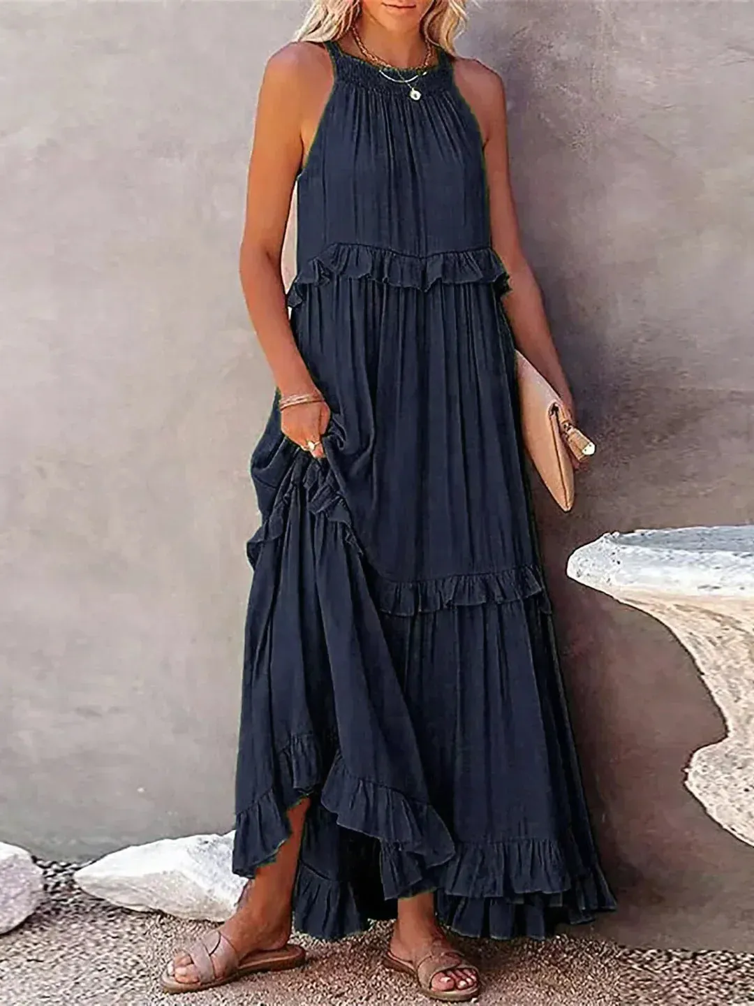 Melly™ - Sunshine Breeze Halter Ruffle Maxi Dress