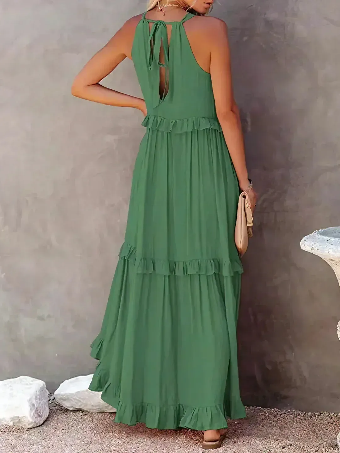 Melly™ - Sunshine Breeze Halter Ruffle Maxi Dress