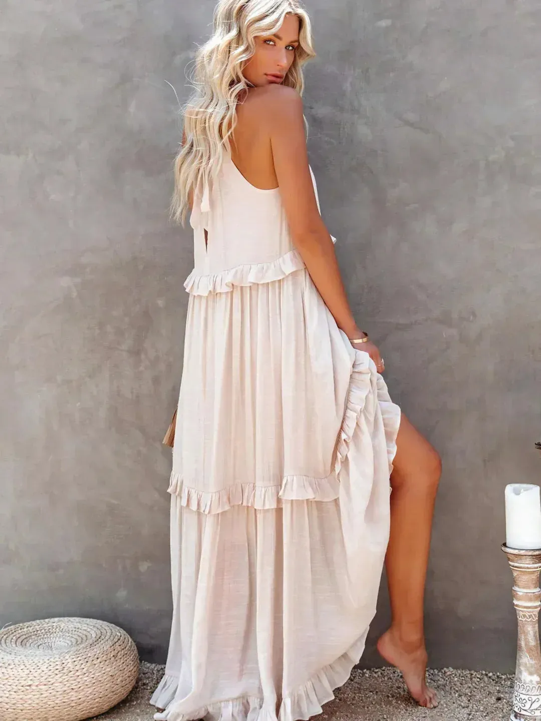Melly™ - Sunshine Breeze Halter Ruffle Maxi Dress