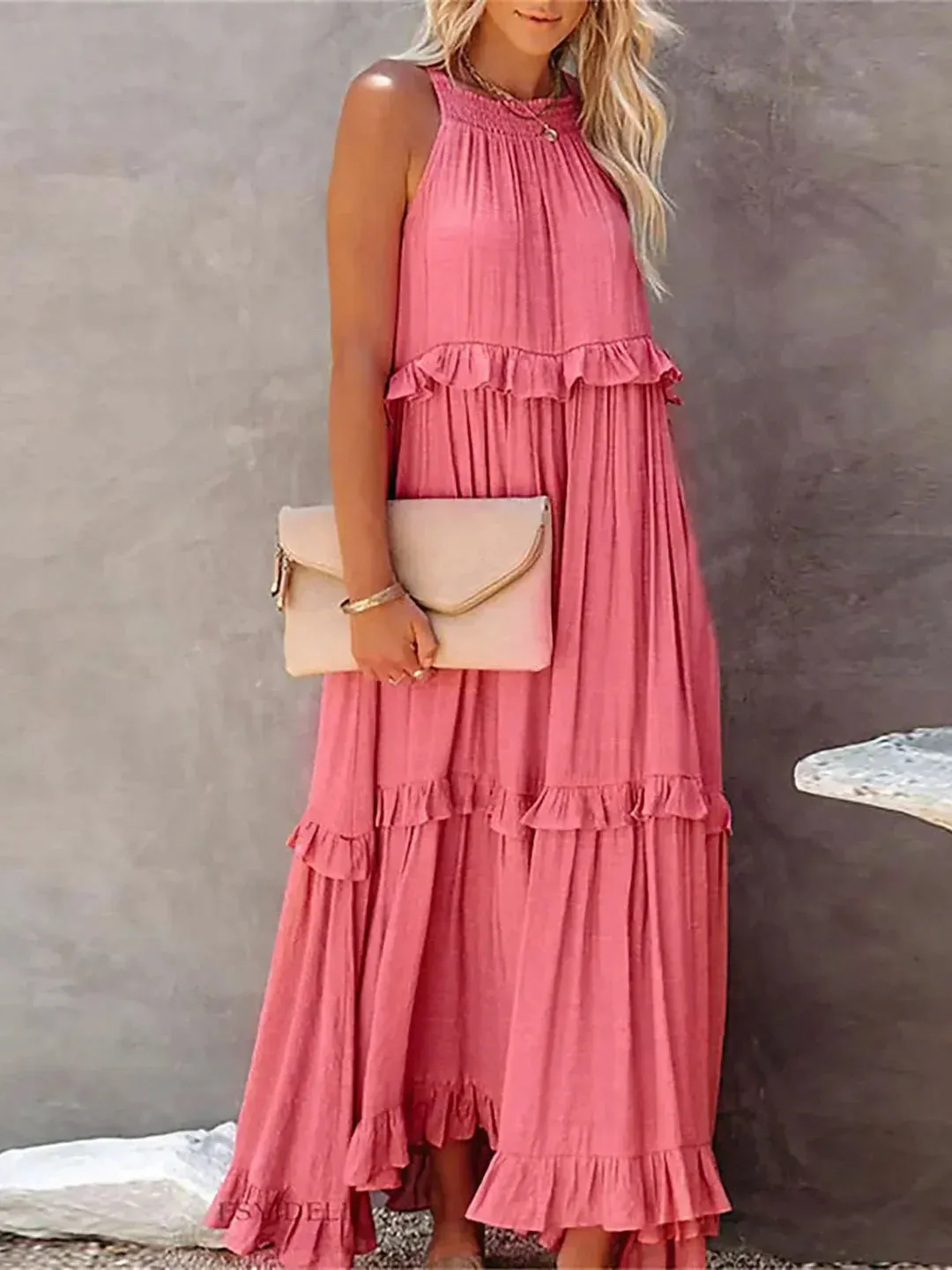 Melly™ - Sunshine Breeze Halter Ruffle Maxi Dress