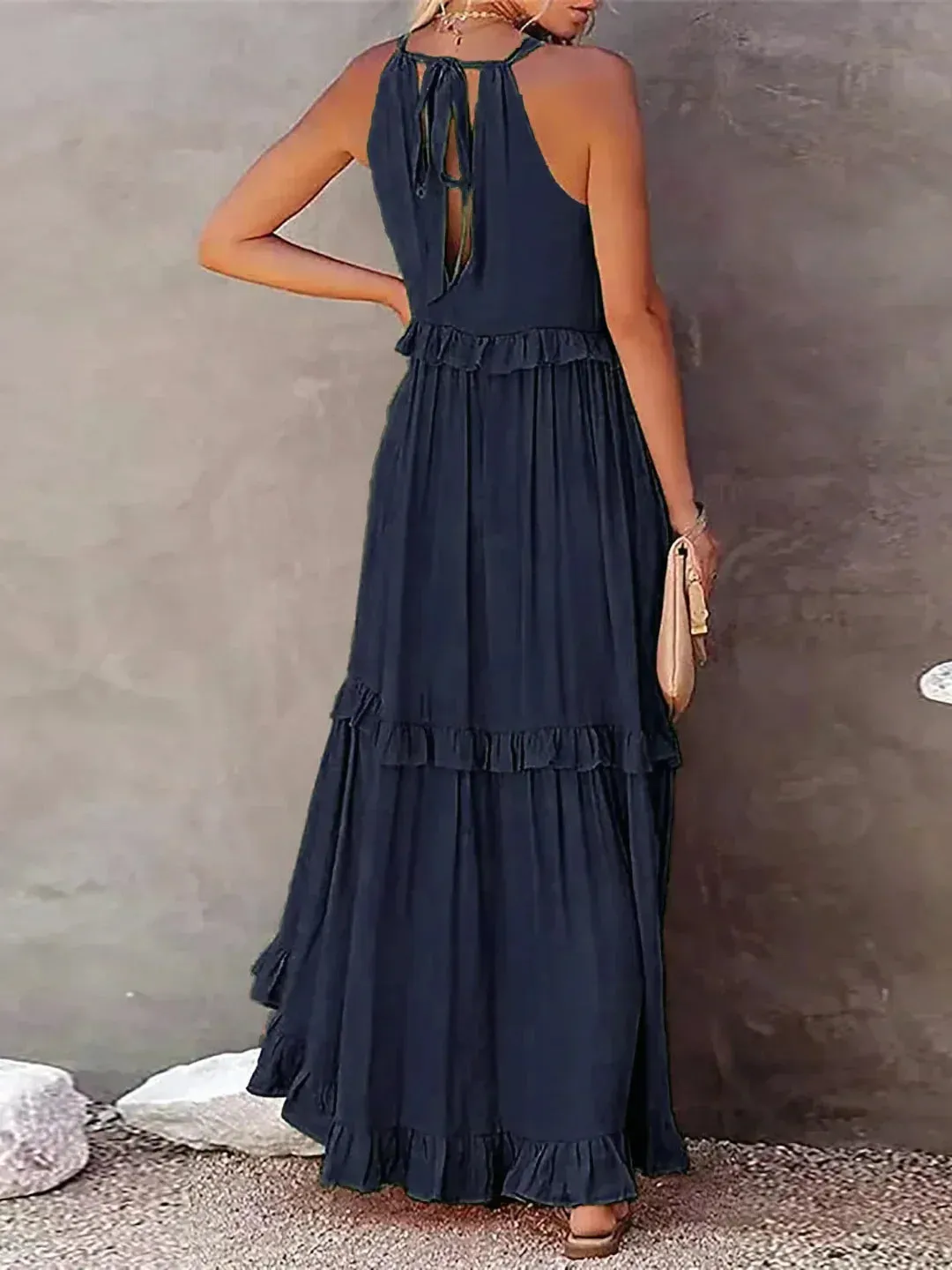 Melly™ - Sunshine Breeze Halter Ruffle Maxi Dress
