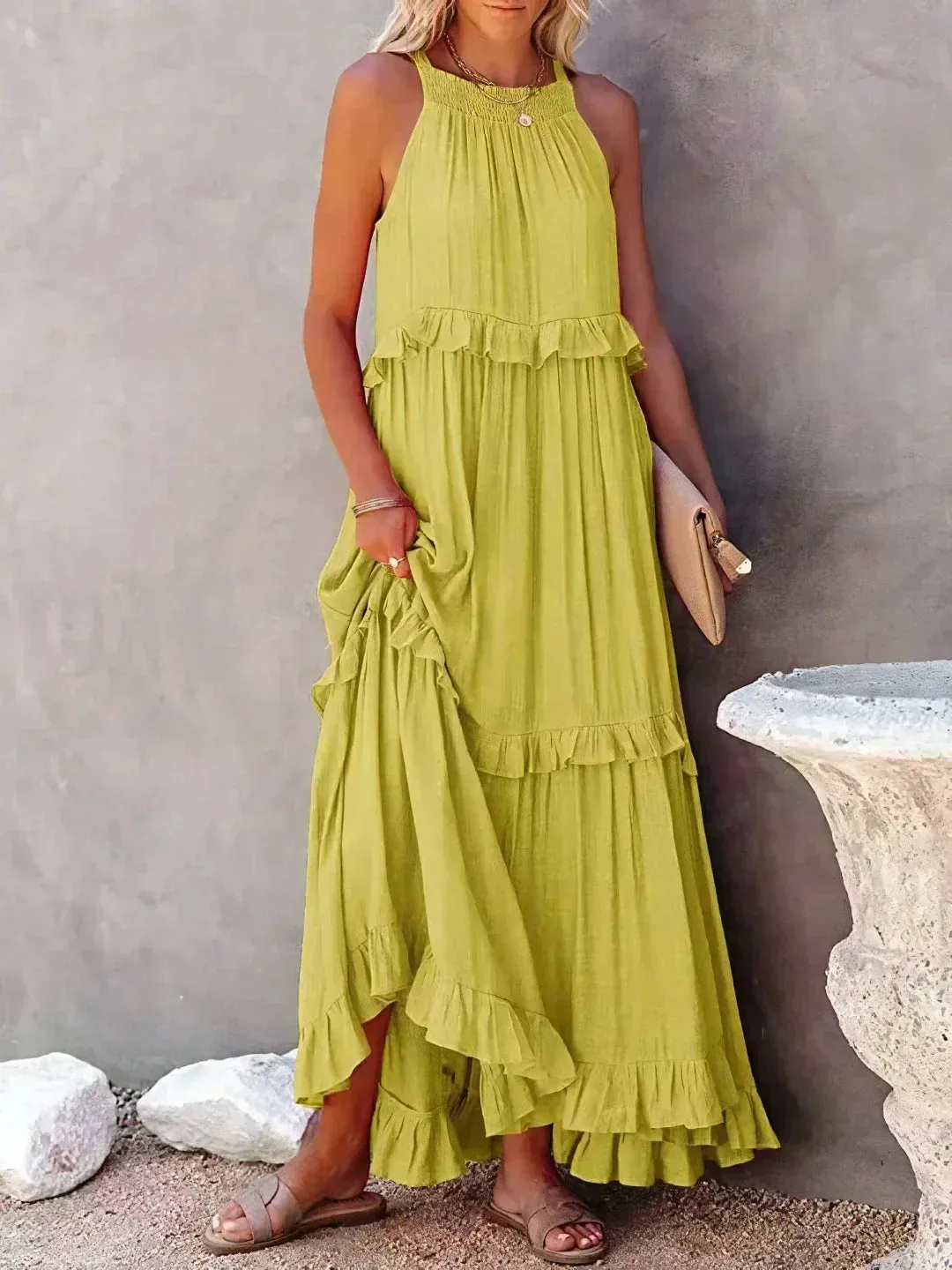 Melly™ - Sunshine Breeze Halter Ruffle Maxi Dress