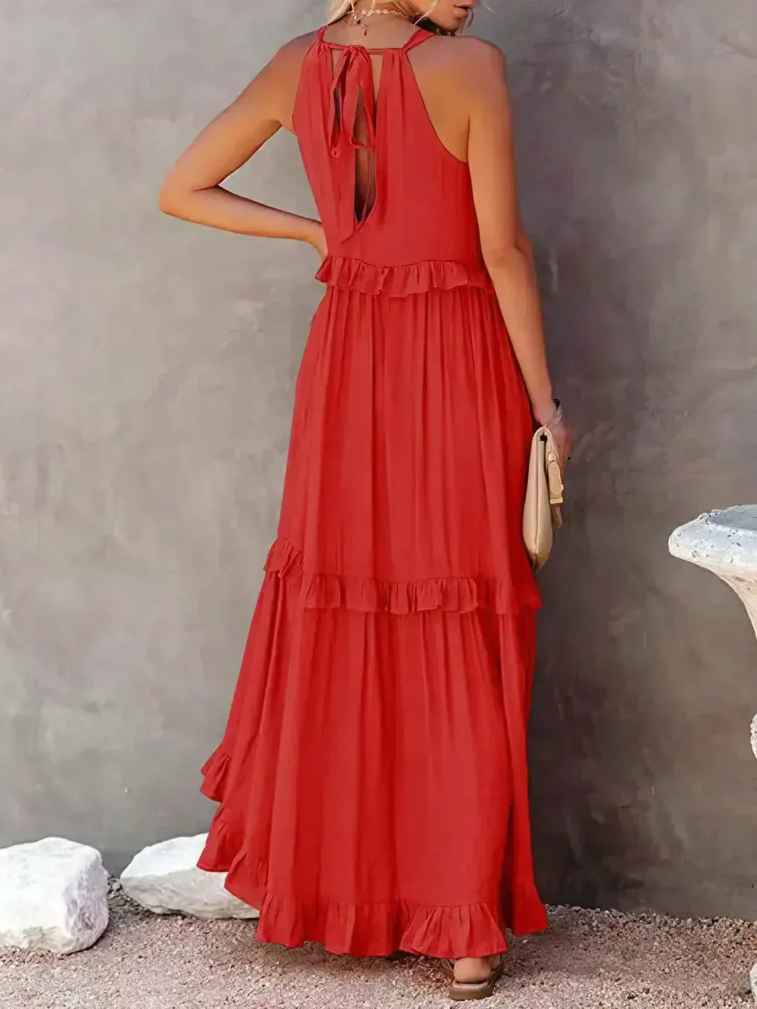 Melly™ - Sunshine Breeze Halter Ruffle Maxi Dress