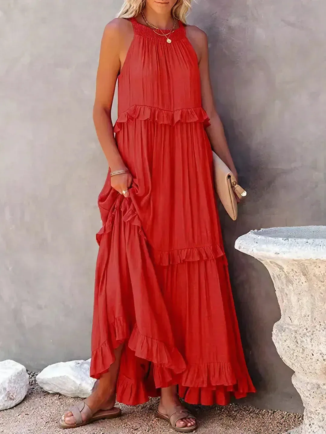 Melly™ - Sunshine Breeze Halter Ruffle Maxi Dress