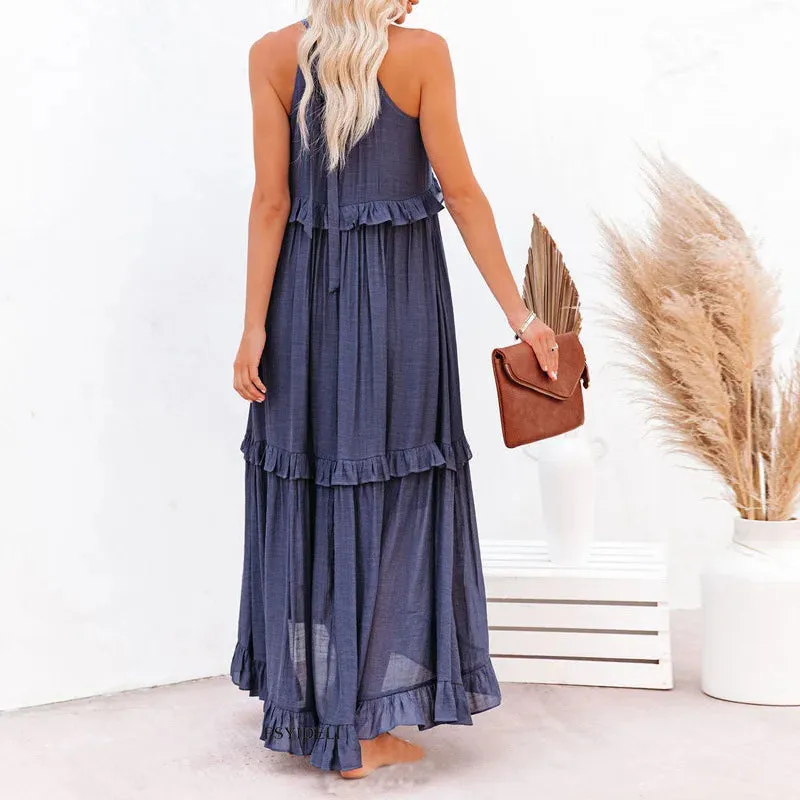 Melly™ - Sunshine Breeze Halter Ruffle Maxi Dress
