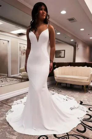 Mermaid Satin V Neck Appliques Wedding Dresses With Chapel Train, MW1098