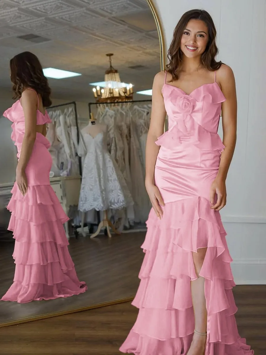 Mermaid V-Neck Ruffle Chiffon Long Prom Dresses with Flower