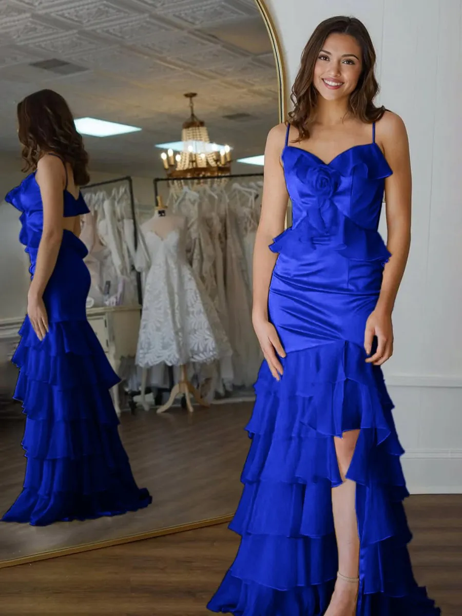 Mermaid V-Neck Ruffle Chiffon Long Prom Dresses with Flower
