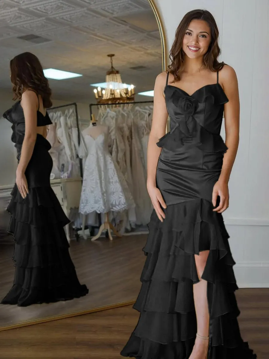 Mermaid V-Neck Ruffle Chiffon Long Prom Dresses with Flower